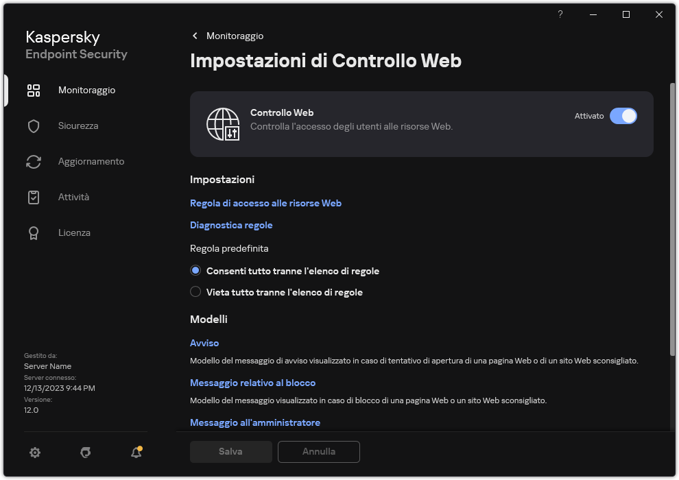 Finestra delle impostazioni di Controllo Web.