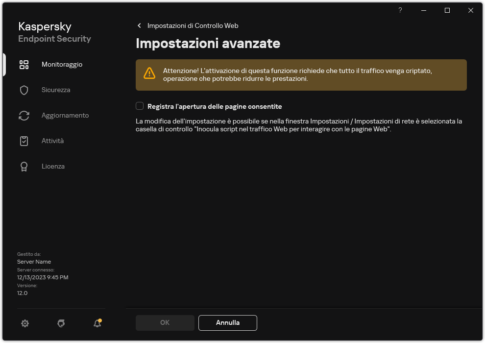 Finestra delle impostazioni avanzate di Controllo Web.