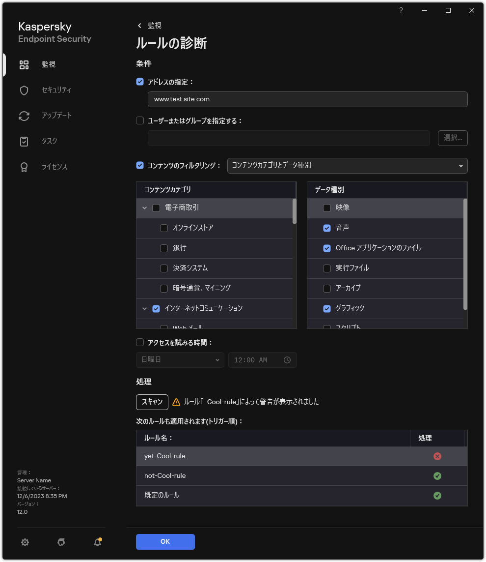 Web リソースのテスト結果ウィンドウ。