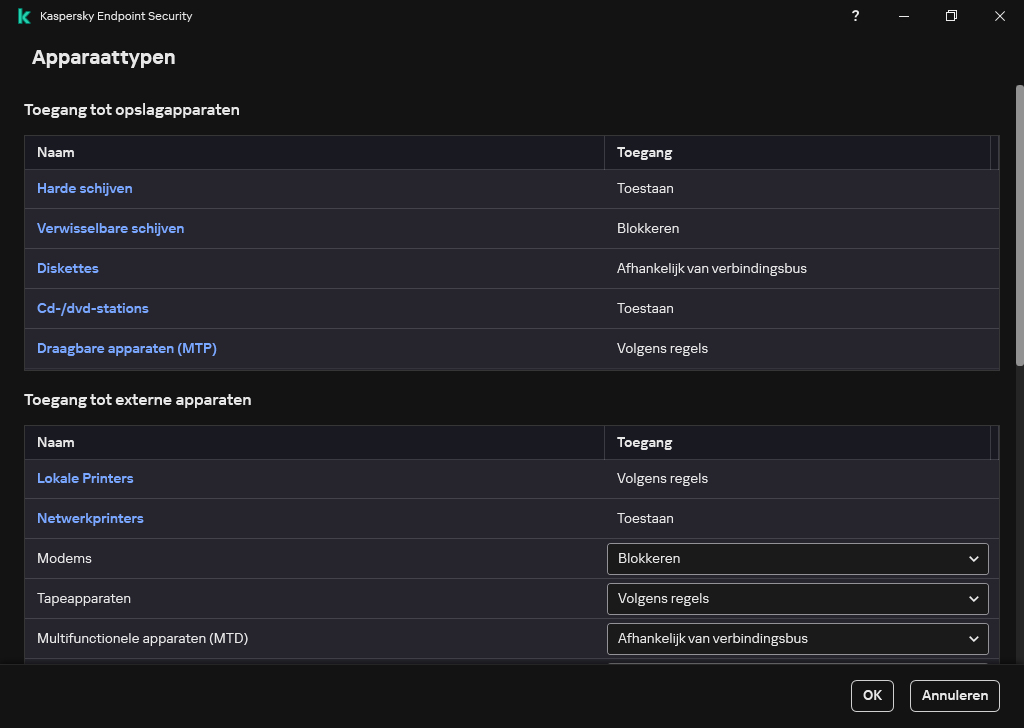 Venster voor het configureren van toegang tot apparaten. De gebruiker kan de toegang tot apparaten configureren en aanvullende toegangsparameters instellen, zoals het toegangsschema.
