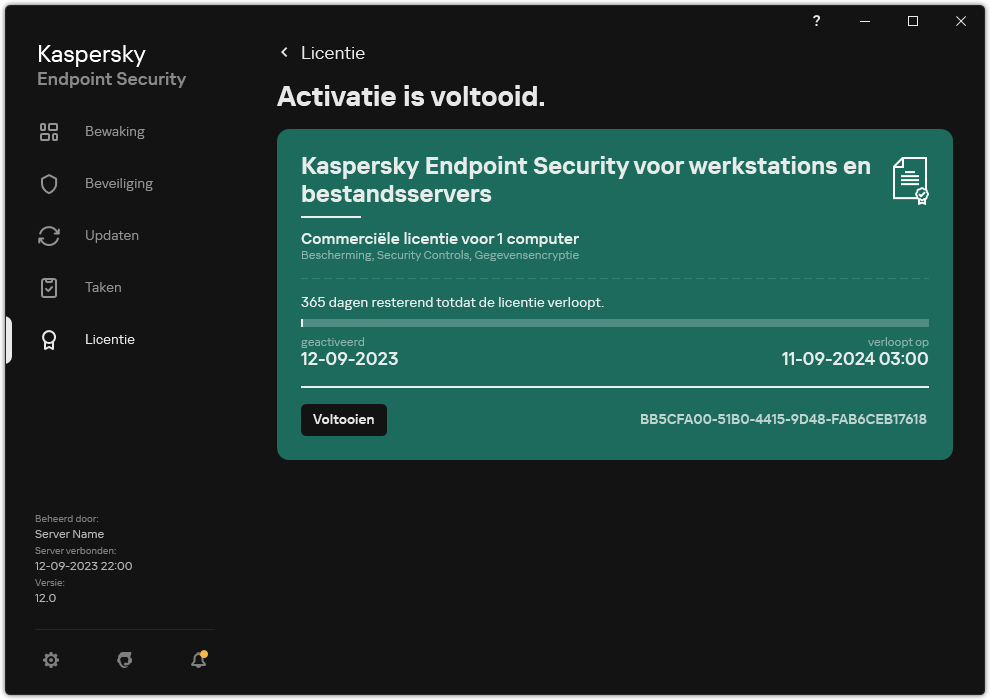 Het venster bevat informatie over de licentie: vervaldatum, beschikbare functies en andere informatie.