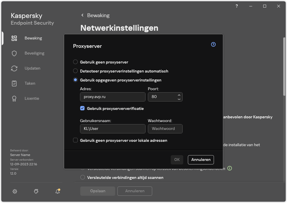 Het venster voor het configureren van de proxyserververbinding. De gebruiker kan het adres van de proxyserver en referenties instellen om verbinding te maken met de proxyserver.