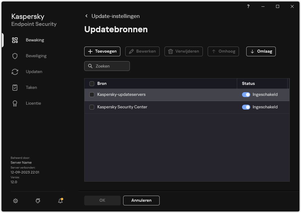 Een venster met de lijst met updatebronnen. De gebruiker kan updatebronnen toevoegen en een prioriteit aan de bron toewijzen.