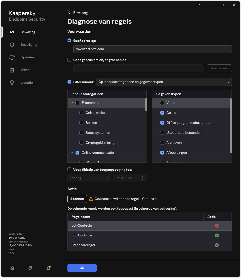 Venster met testresultaten van webbronnen.