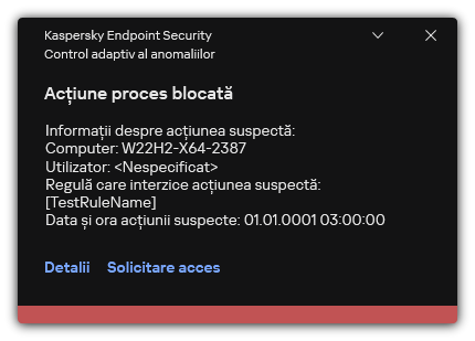 Notificare despre declanșarea unei reguli. Utilizatorul poate crea o solicitare pentru a permite o acțiune de proces.