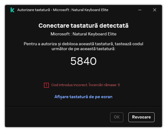 Fereastra cu codul de autorizare a tastaturii. Utilizatorul poate activa tastatura de pe ecran și poate introduce codul.