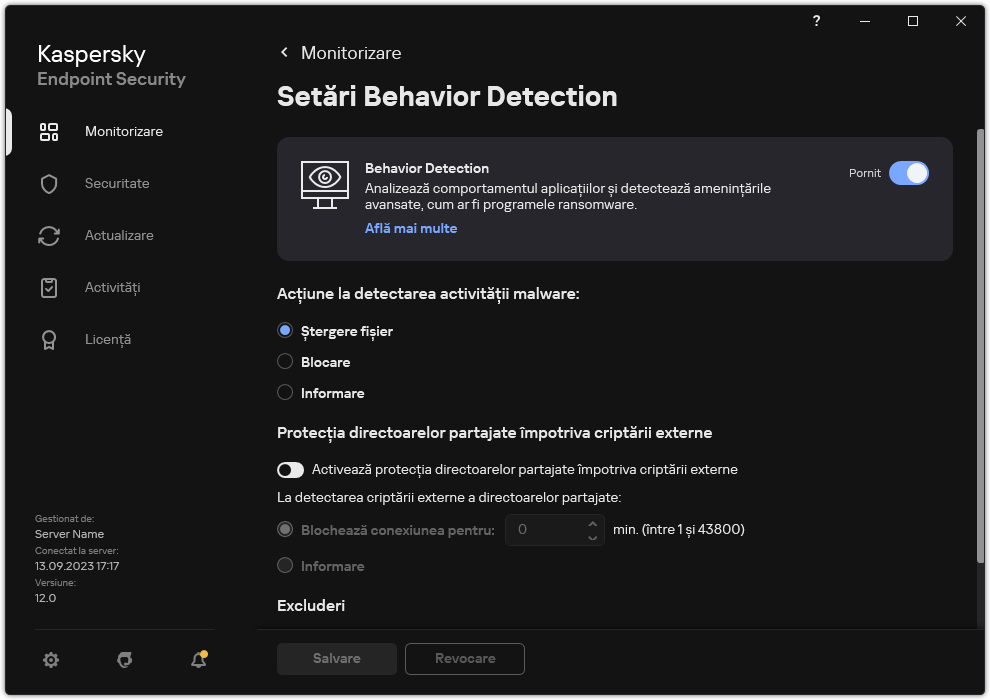 Fereastra de setări Behavior Detection.