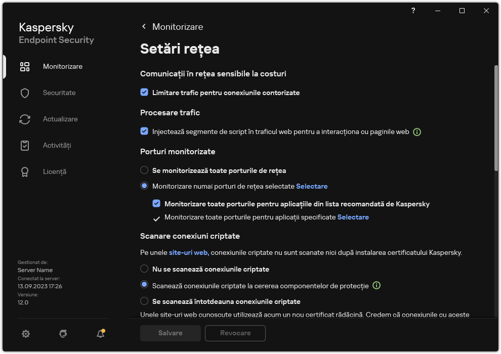 Fereastra Setări de rețea pentru aplicație.