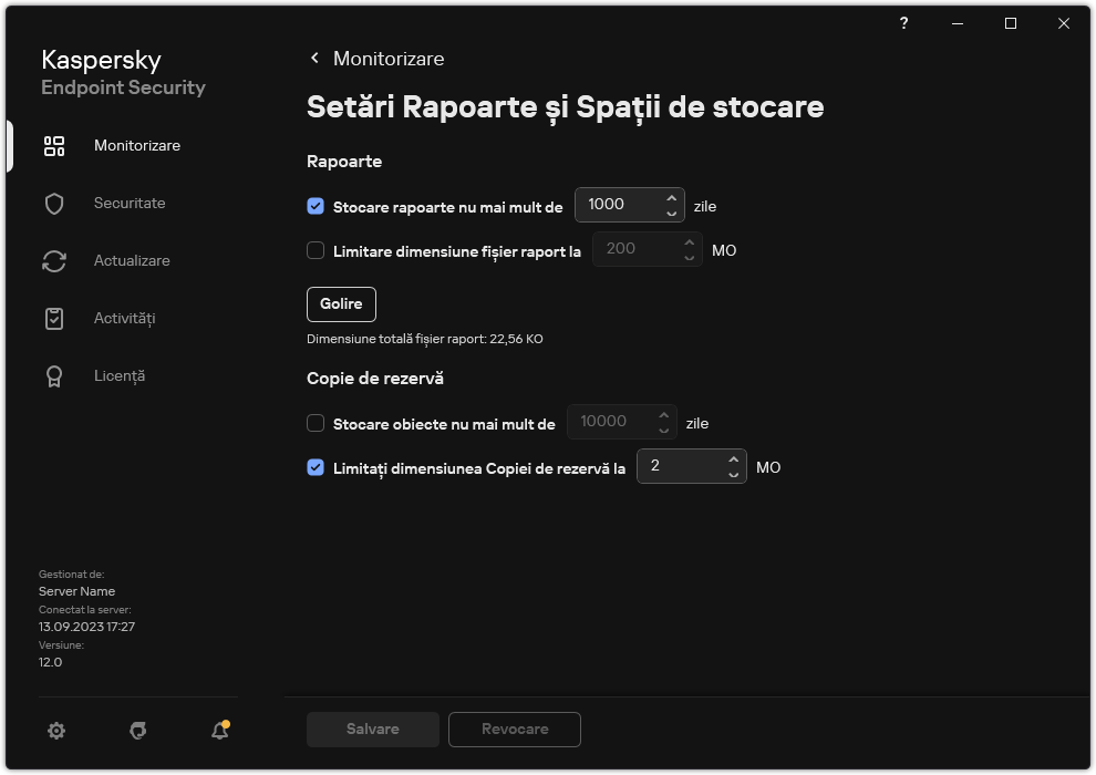 Fereastra pentru Setări Rapoarte și Spații de stocare. Utilizatorul poate seta dimensiunea și limita timpul de stocare a rapoartelor și obiectelor din depozit.