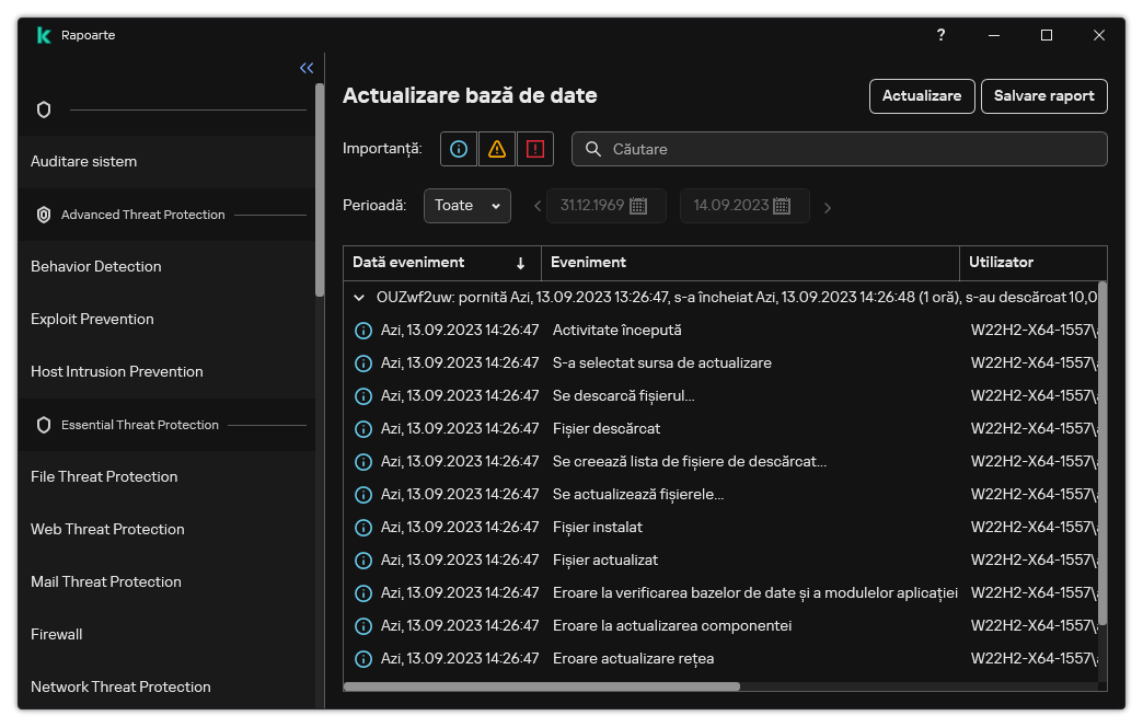 O fereastră cu lista de evenimente din raport. Utilizatorul poate filtra/sorta evenimente și poate salva rapoarte într-un fișier.
