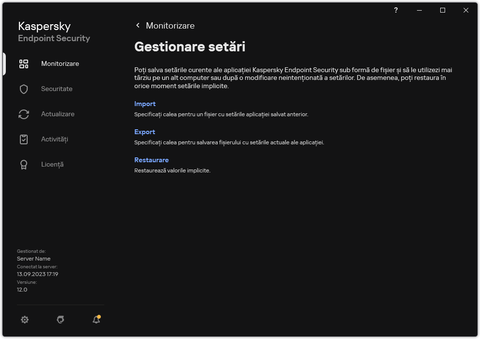 Fereastra cu setările excluderilor. Utilizatorul poate exporta, importa sau restaura setările aplicației.