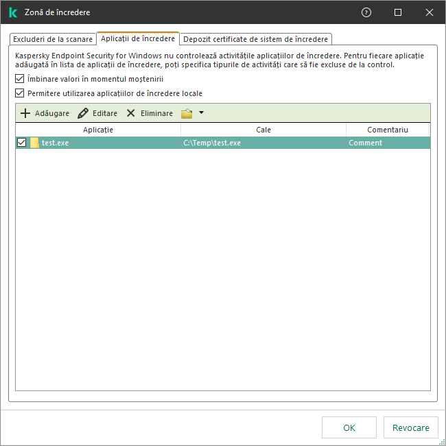 O fereastră cu lista aplicațiilor de încredere. Utilizatorul poate adăuga, edita sau elimina o aplicație de încredere.