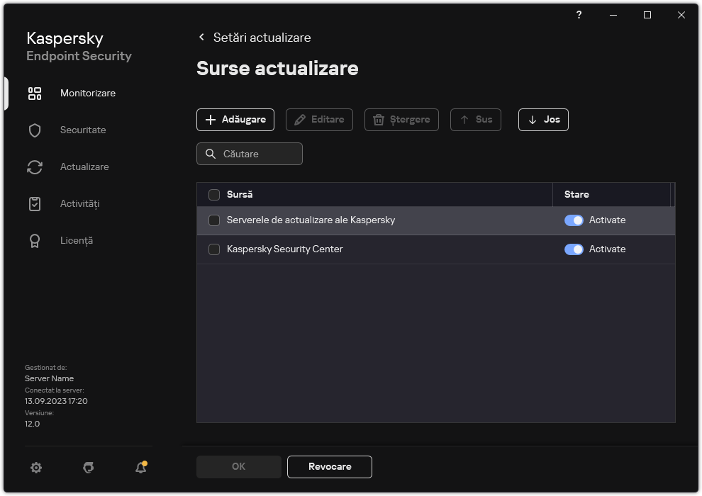 O fereastră cu lista surselor de actualizare. Utilizatorul poate adăuga surse de actualizare și poate atribui o prioritate sursei.