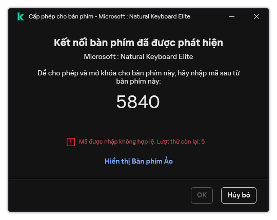 Cửa sổ chứa mã cho phép sử dụng bàn phím. Người dùng có thể kích hoạt bàn phím ảo và nhập mã.