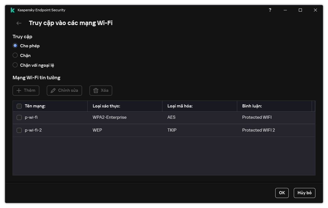 Một cửa sổ chứa danh sách các mạng Wi-Fi. Người dùng có thể cấu hình quyền truy cập tất cả các mạng Wi-Fi và thêm các mạng Wi-Fi được tin tưởng.