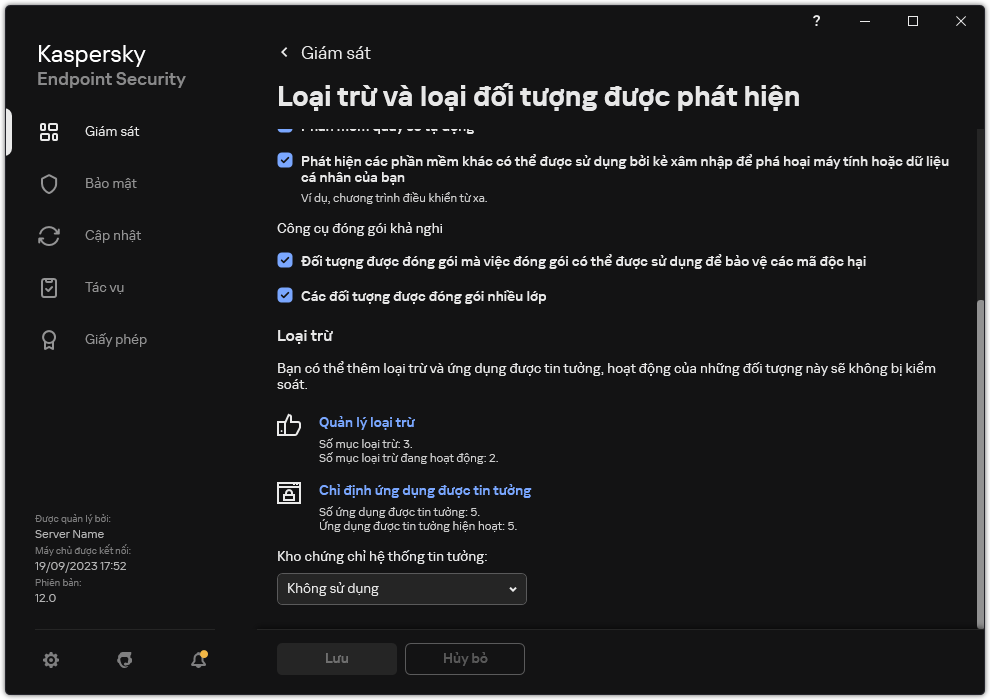 Cửa sổ thiết lập loại trừ. Người dùng có thể thêm các loại trừ và ứng dụng được tin tưởng.