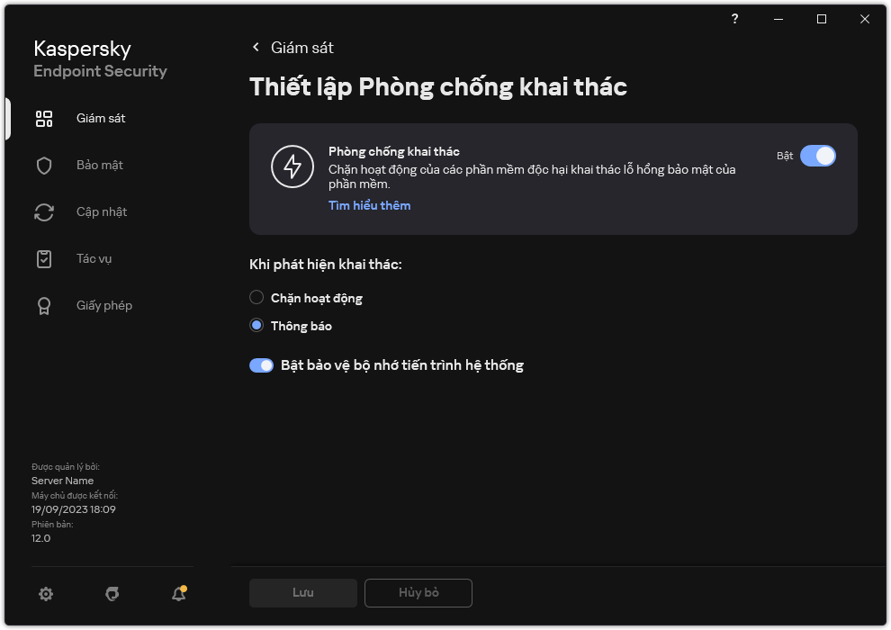 Cửa sổ thiết lập Phòng chống Khai thác