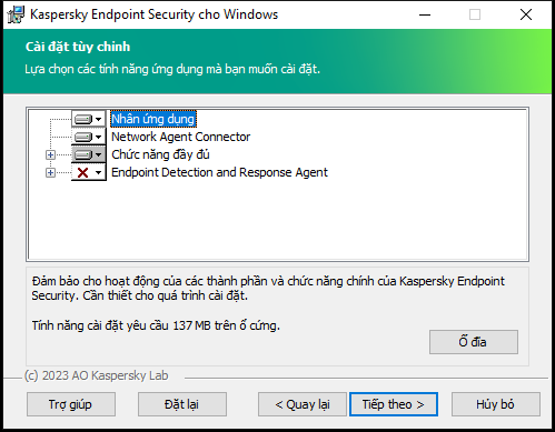 Cửa sổ bộ cài đặt chứa danh sách các thành phần mà người dùng có thể chọn.