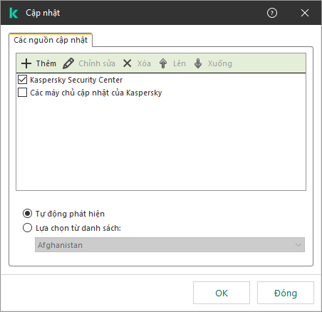 Một cửa sổ chứa danh sách các nguồn cập nhật. Người dùng có thể thêm các nguồn cập nhật và chỉ định mức độ ưu tiên cho nguồn đó.