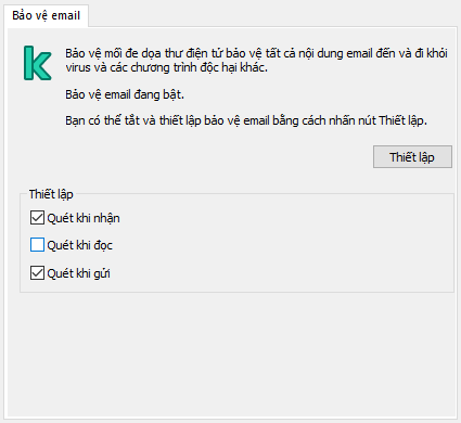 Cửa sổ Phần mở rộng của Kaspersky cho Outlook. Người dùng có thể cấu hình các thư cần quét khi nhận, đọc hoặc gửi.