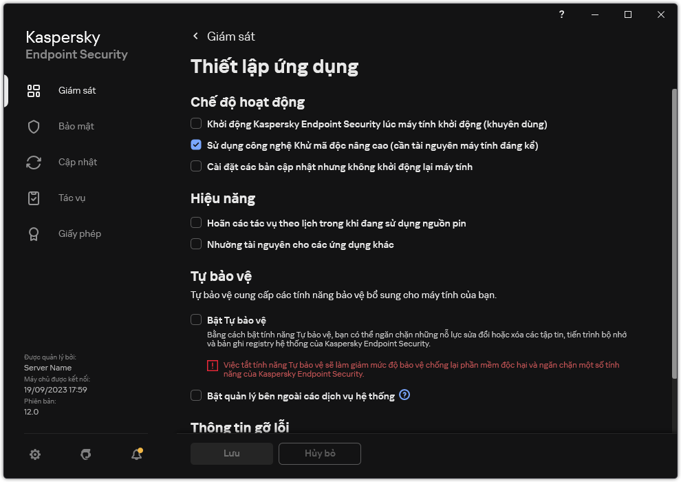 Cửa sổ thiết lập ứng dụng. Người dùng có thể cấu hình hiệu năng, tự bảo vệ và các thiết lập khác.