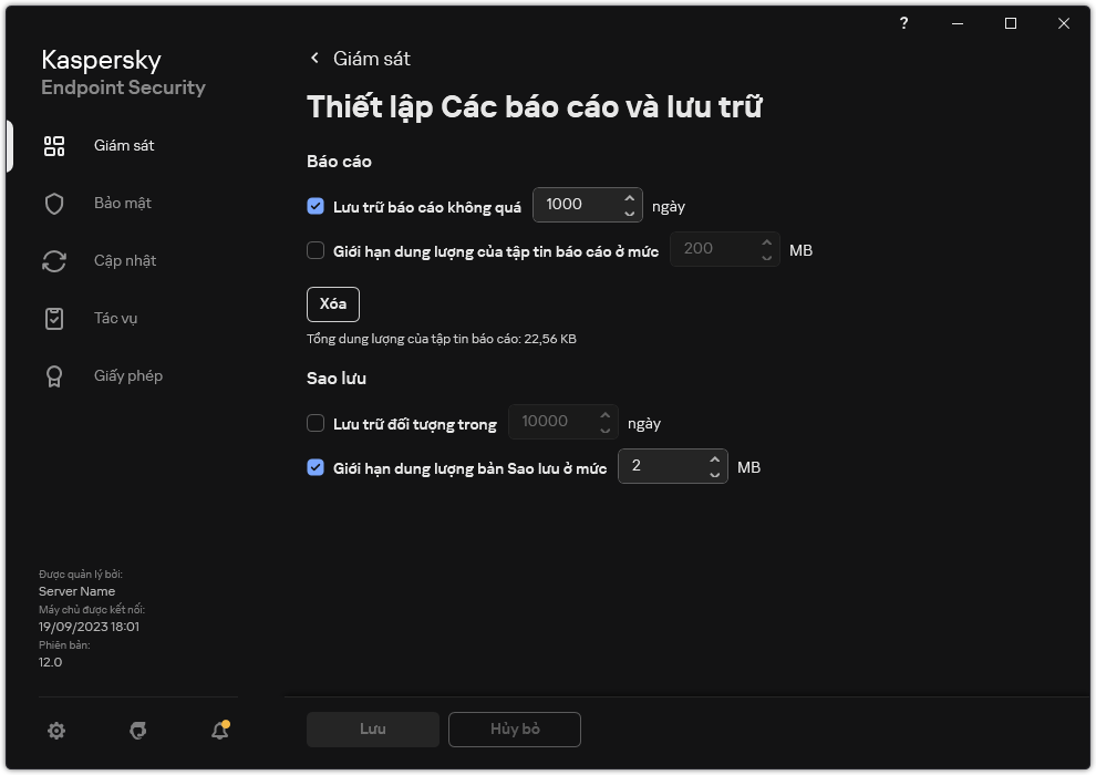 Cửa sổ thiết lập Các báo cáo và lưu trữ. Người dùng có thể thiết lập kích thước và giới hạn thời gian lưu trữ các báo cáo, đối tượng trong kho.