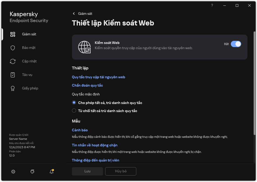 Cửa sổ thiết lập Kiểm soát web.