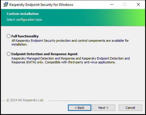 Installer window with configuration of the application: full functionality or Endpoint Detection and Response Agent.