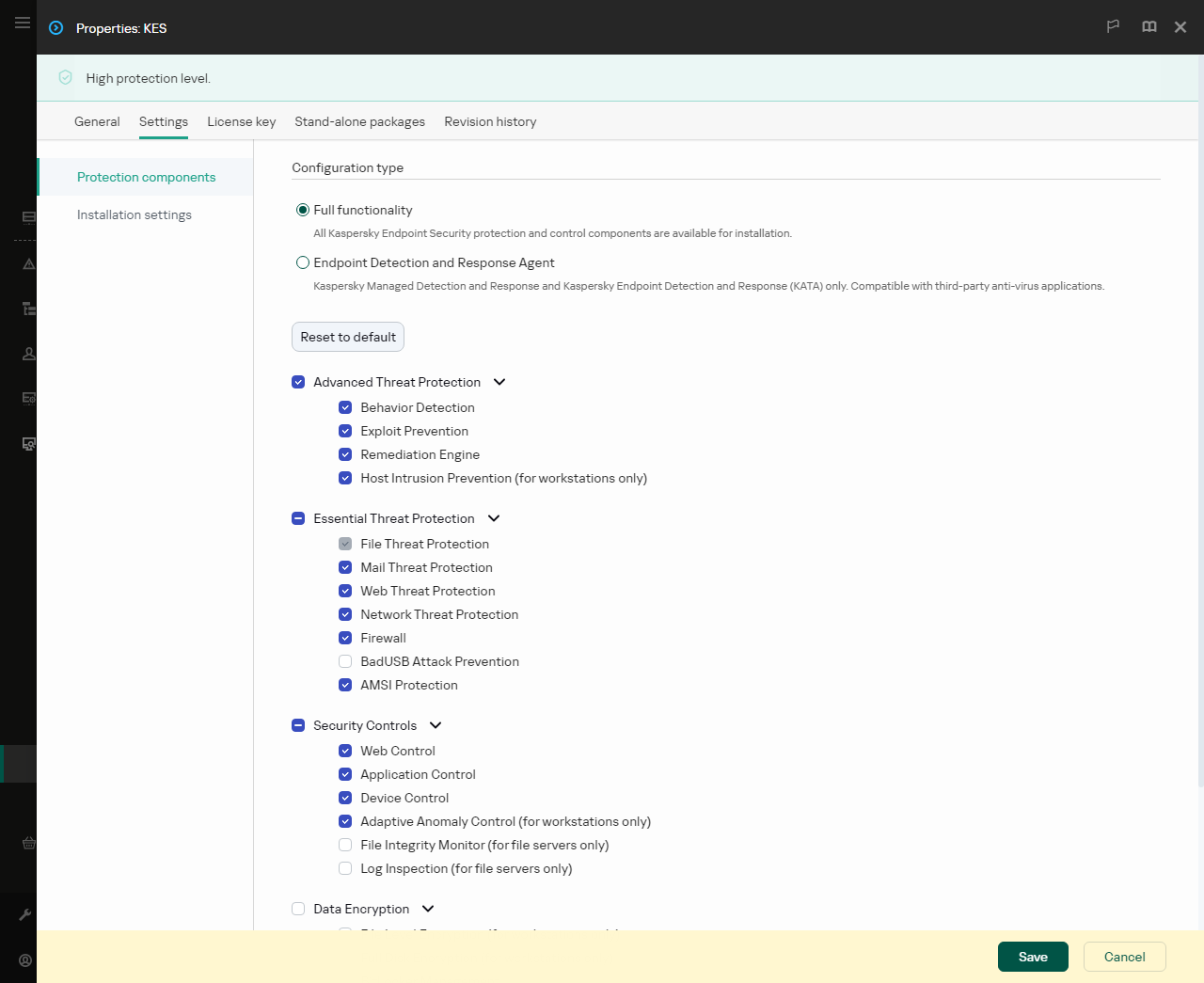 Installation package properties window. You can select which application components you want to include.