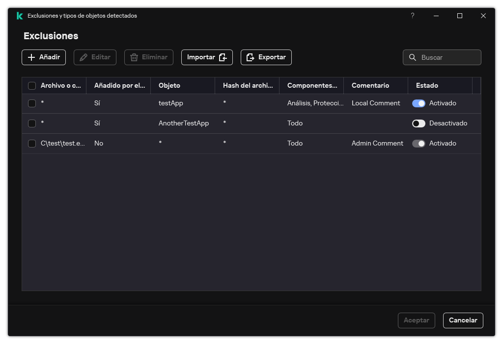 Una ventana con la lista de exclusiones. Se muestran las propiedades de exclusión. El usuario puede añadir, editar o eliminar exclusiones.