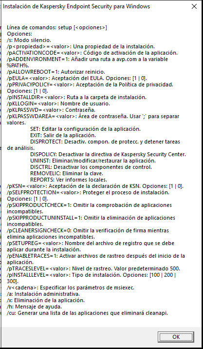 Ventana de información sobre la herramienta que describe las opciones de comando para instalar la aplicación a través de CMD.