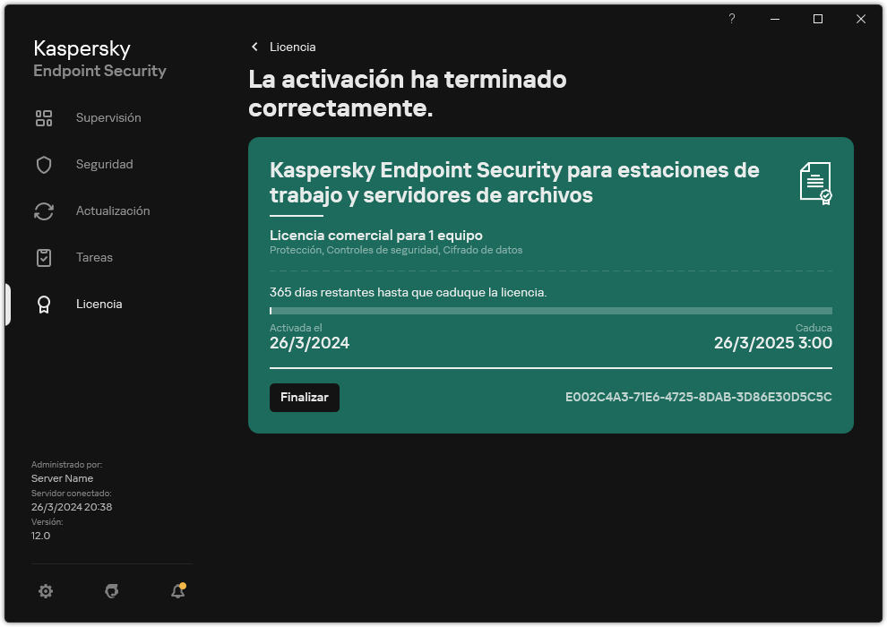 La ventana contiene información sobre la licencia: fecha de caducidad, funciones disponibles y otra información.