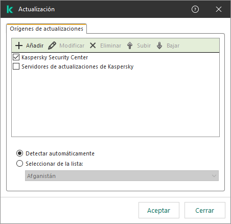 Una ventana con la lista de fuentes de actualización. El usuario puede agregar fuentes de actualización y asignar una prioridad a la fuente.