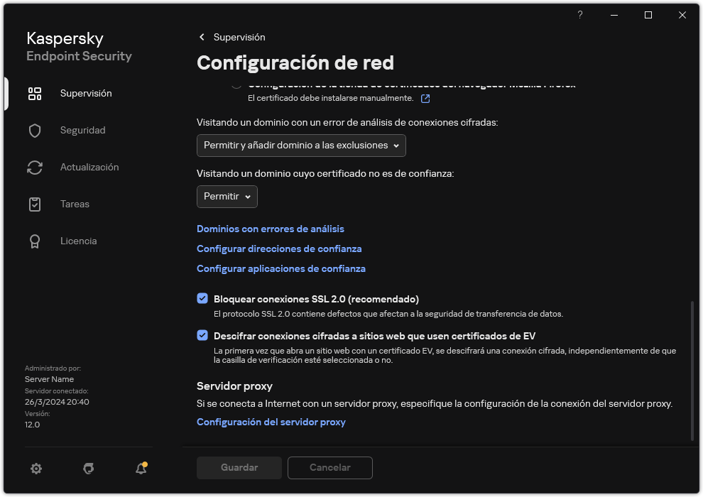 Ventana de configuración de red de la aplicación.