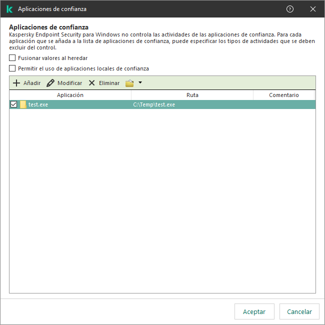 Una ventana con la lista de aplicaciones de confianza. El usuario puede agregar, editar o eliminar una aplicación de confianza.