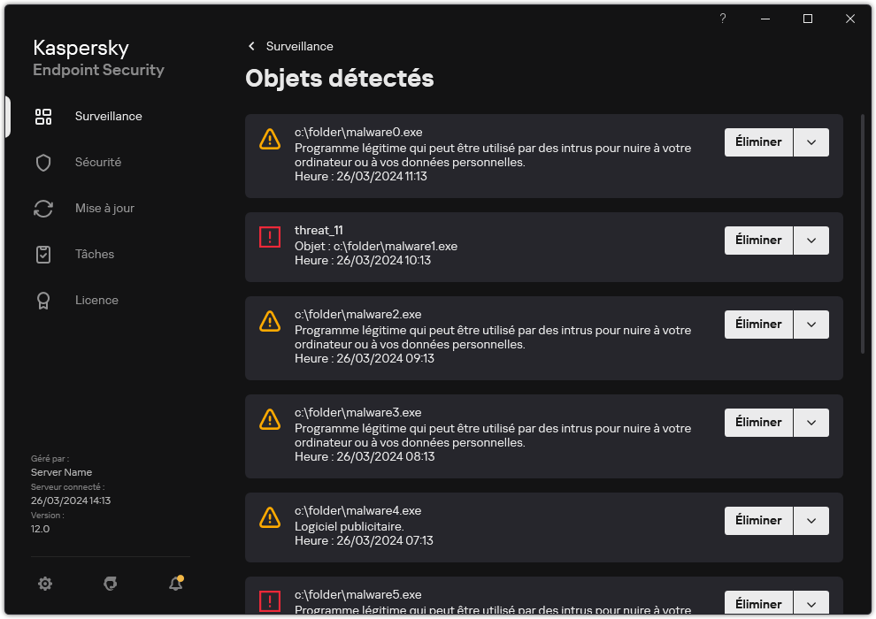 Une fenêtre avec la liste des objets détectés. Les informations sur l'objet s'affichent. L'utilisateur peut résoudre ou supprimer l'objet.