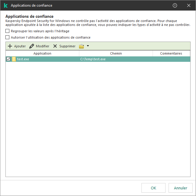 Une fenêtre avec la liste des applications de confiance. L'utilisateur peut ajouter, modifier ou supprimer une application de confiance.