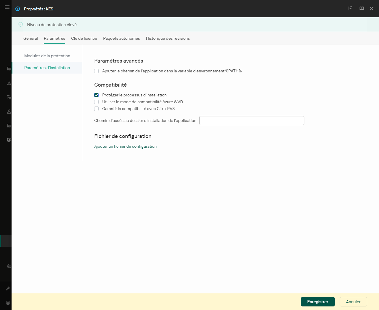 Fenêtre des propriétés du paquet d'installation. Vous pouvez configurer l'installation de l'application.