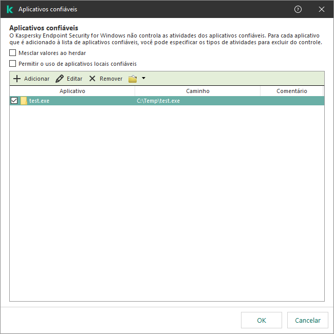 Uma janela com a lista de aplicativos confiáveis. O usuário pode adicionar, editar ou remover um aplicativo confiável.