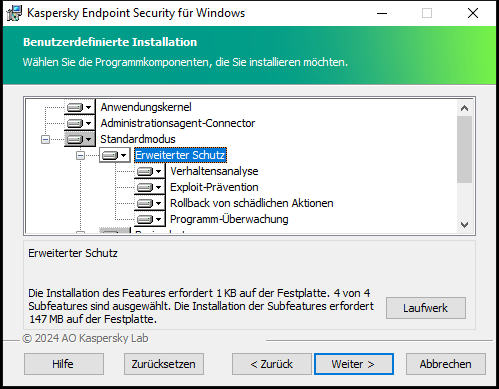 Fenster des Installationsprogramms mit einer Liste der Komponenten, die der Benutzer auswählen kann.