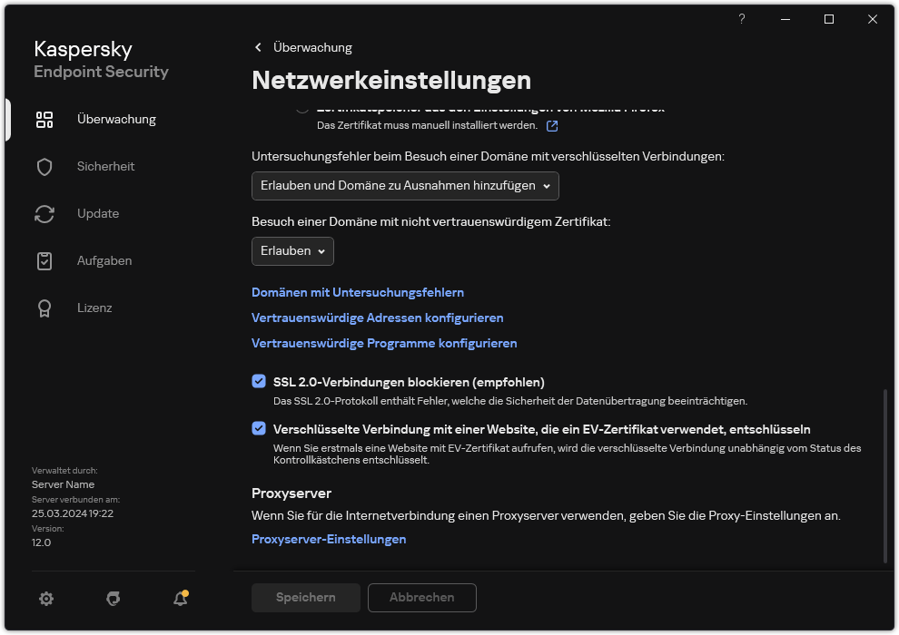 Fenster mit den Netzwerkeinstellungen für die App.