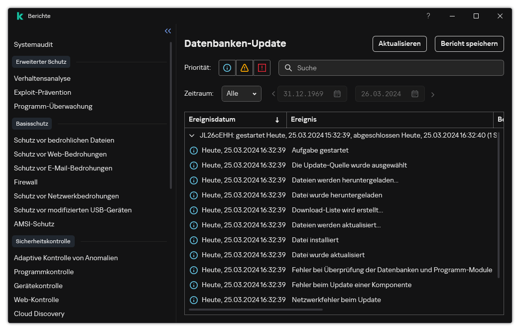 Ein Fenster mit der Ereignisliste im Bericht. Der Benutzer kann Ereignisse filtern bzw. sortieren und Berichte in einer Datei speichern.