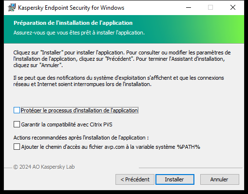 La fenêtre des paramètres d'installation : protection de l'installation, compatibilité avec Citrix PVS, variables du système pour avp.com.