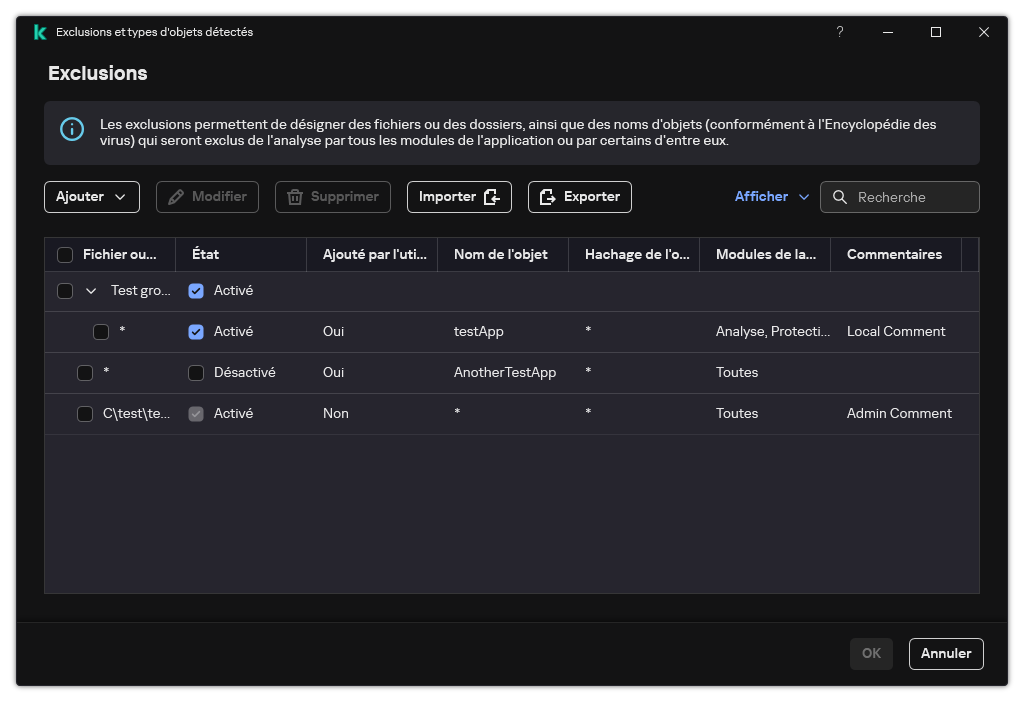 Une fenêtre avec la liste des exclusions. Les propriétés d'exclusion sont affichées. L'utilisateur peut ajouter, modifier ou supprimer des exclusions.