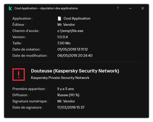 La fenêtre contient des informations sur la réputation du fichier et d'autres données, comme la présence d'une signature numérique.