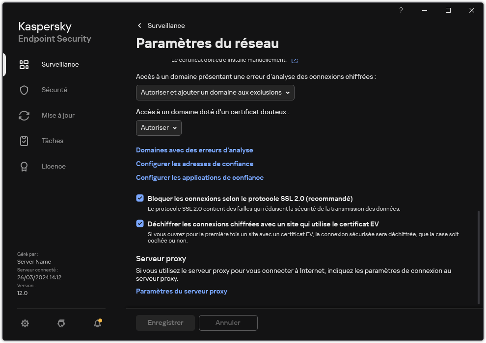 Fenêtre des paramètres réseau des applications.
