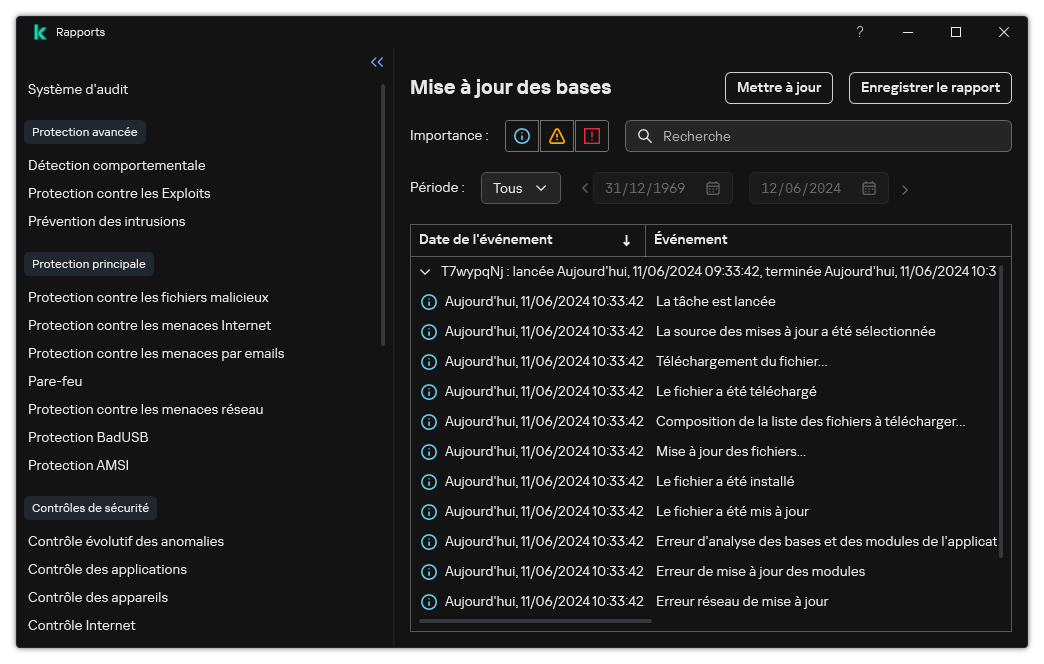 Une fenêtre avec la liste des événements dans le rapport. L'utilisateur peut filtrer/trier les événements et enregistrer les rapports dans un fichier.