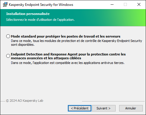 Fenêtre du programme d'installation avec configuration de l'application : fonctionnalités complètes ou Endpoint Detection and Response Agent.