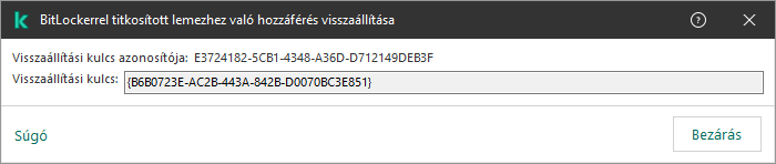 Egy ablak a titkosított, nem rendszermeghajtóhoz való hozzáférés visszaállításához szükséges kulccsal.