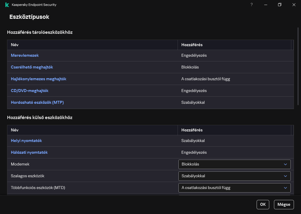 Az eszközökhöz való hozzáférés konfigurálására szolgáló ablak. A felhasználó konfigurálhatja a hozzáférést az eszközökhöz, és beállíthat további hozzáférési paramétereket, például a hozzáférési ütemezést.